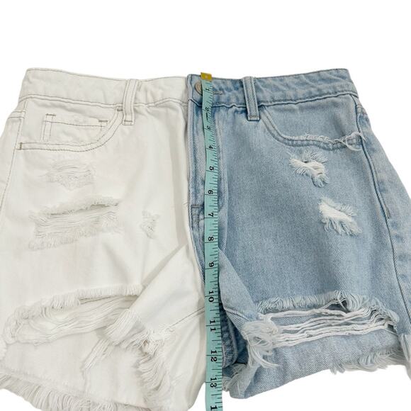 Vervet Medium Blue & White Colorblock Denim Rebecca High Rise Distressed Shorts - Picture 6 of 10